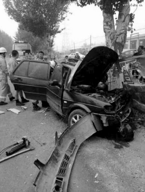 法库县203国道轿车“包住”路边树致1死2伤(图) 法库县203国道轿车“包住”路边树致1死2伤(图)